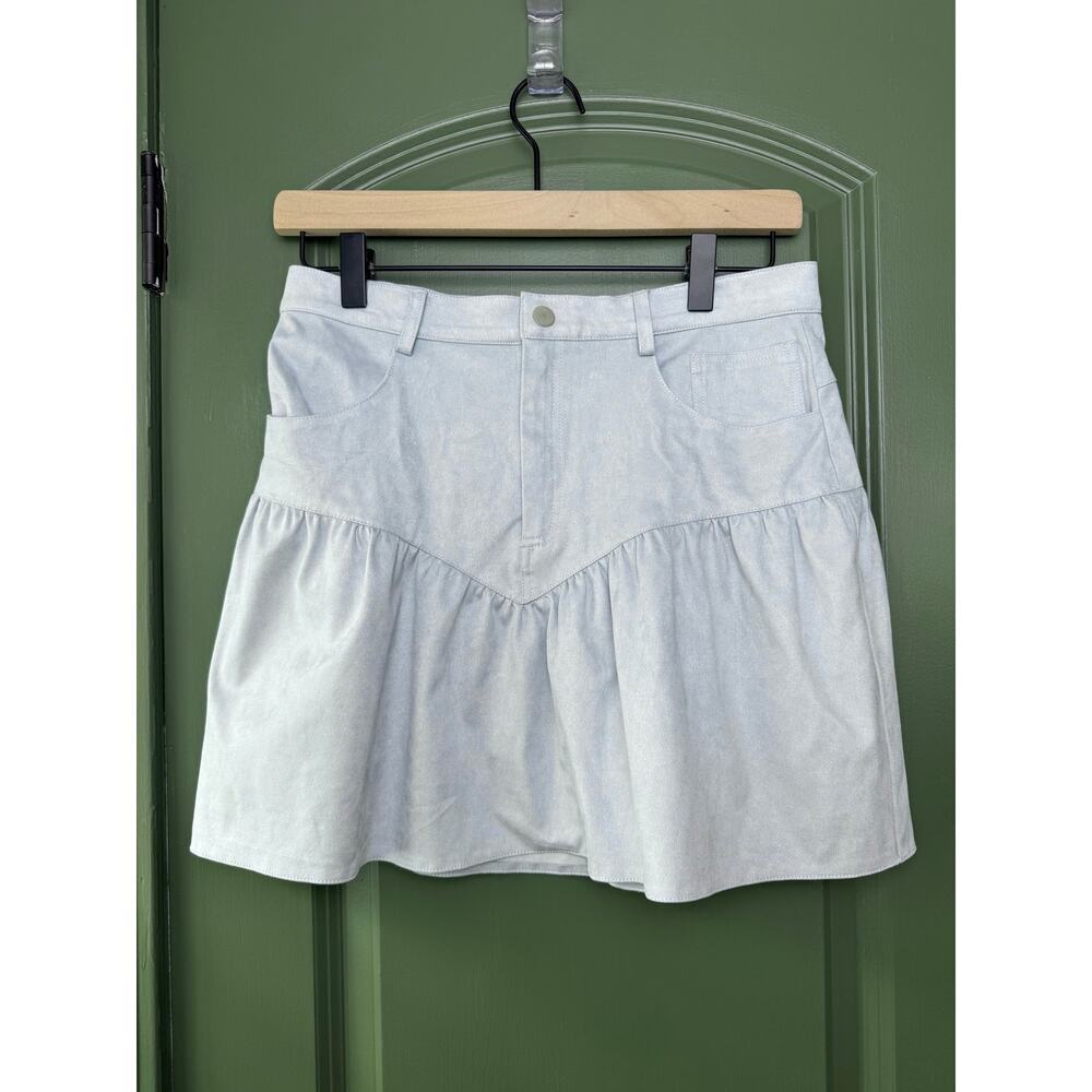 NWT Saylor Pippi Faux Suede Mini Skirt Fringe Hydrangea Dusty Blue Gray Small